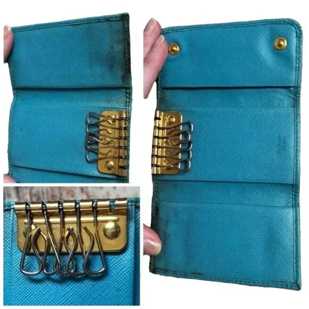 PRADA Voyager Italian Saffiano Leather Metal 6 Key Holder Cobalt Turquoise Blue
